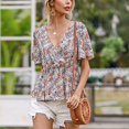 thumbnail image 3 of Blusa azul cielo de manga corta con escote en V profundo, talla M Túnica con estampado floral y mangas con volantes, 3 of 7