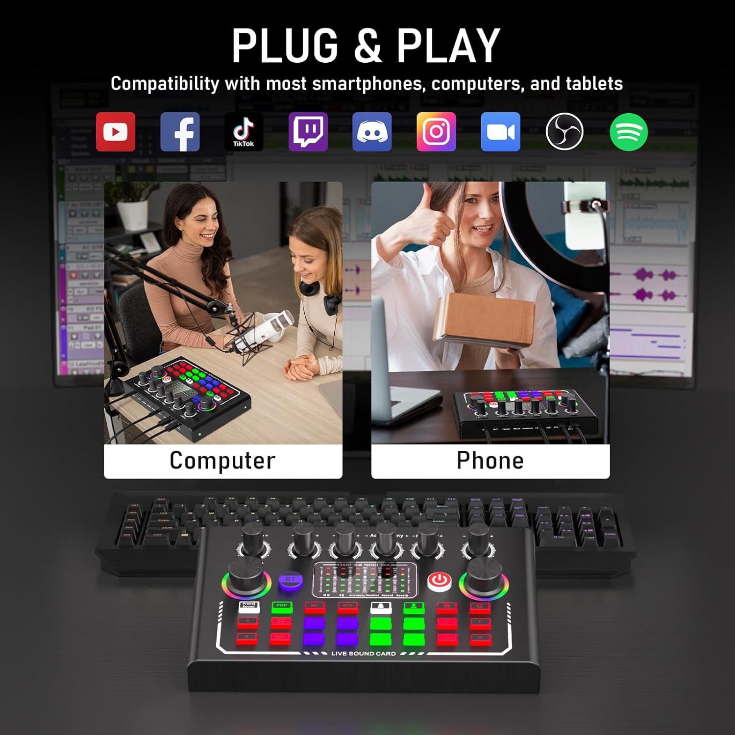 Live Sound Card, Wireless Bluetooth Audio Mixer, Podcast Audio Mixer with RGB Colorful Buttons, All-in-One Podcast DJ Device Live Broadcast Sound Card for PC Phone Karaoke Singing Gaming (Black)