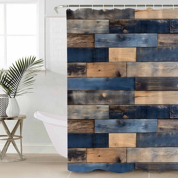 Navy Blue Brown Wood Small Stall Shower Curtain, Waterproof Shower Curtains for Bathroom, Farmhouse Vintage Wooden Washable Fabric Cloth Bath Curtain for Bathtub Decoration with Hooks 36x72 Inches