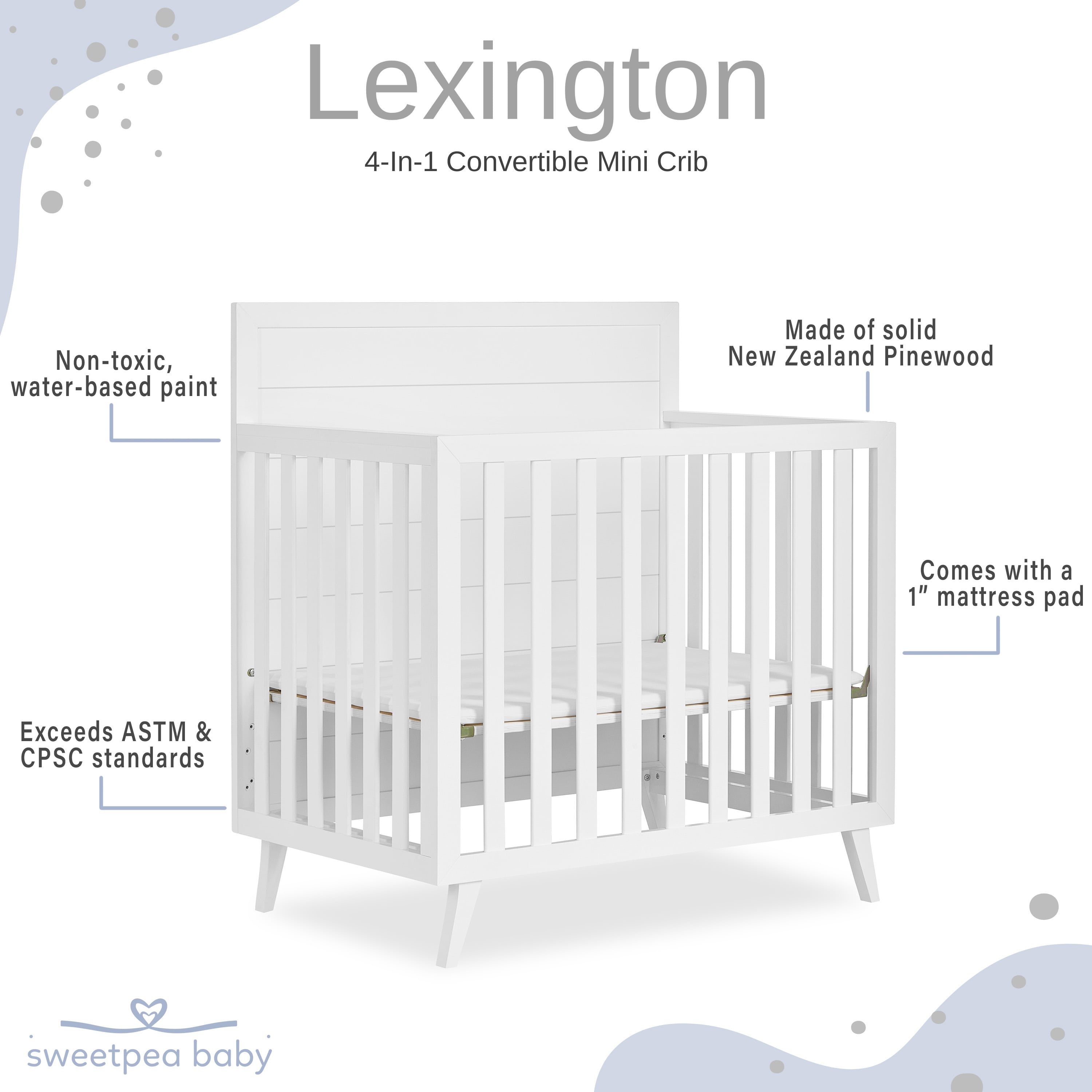 Dream On Me Lexington 4 in 1 Baby Convertible Mini Crib, Sustainable New Zealand Pinewood, White