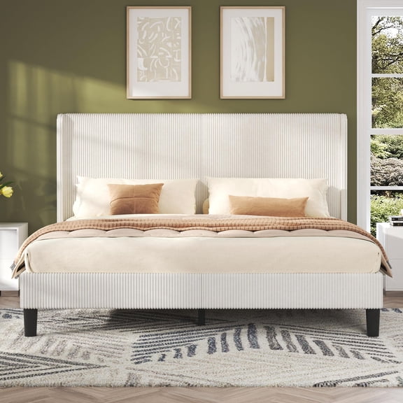 Merluxy Queen Bed Frame White Corduroy Headboard with Wooden Slats and 8" Storage