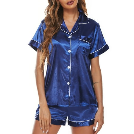 

Women Pajamas Set Short Sleeve Notched Collar Button Down Satin Pjs Sleepwear