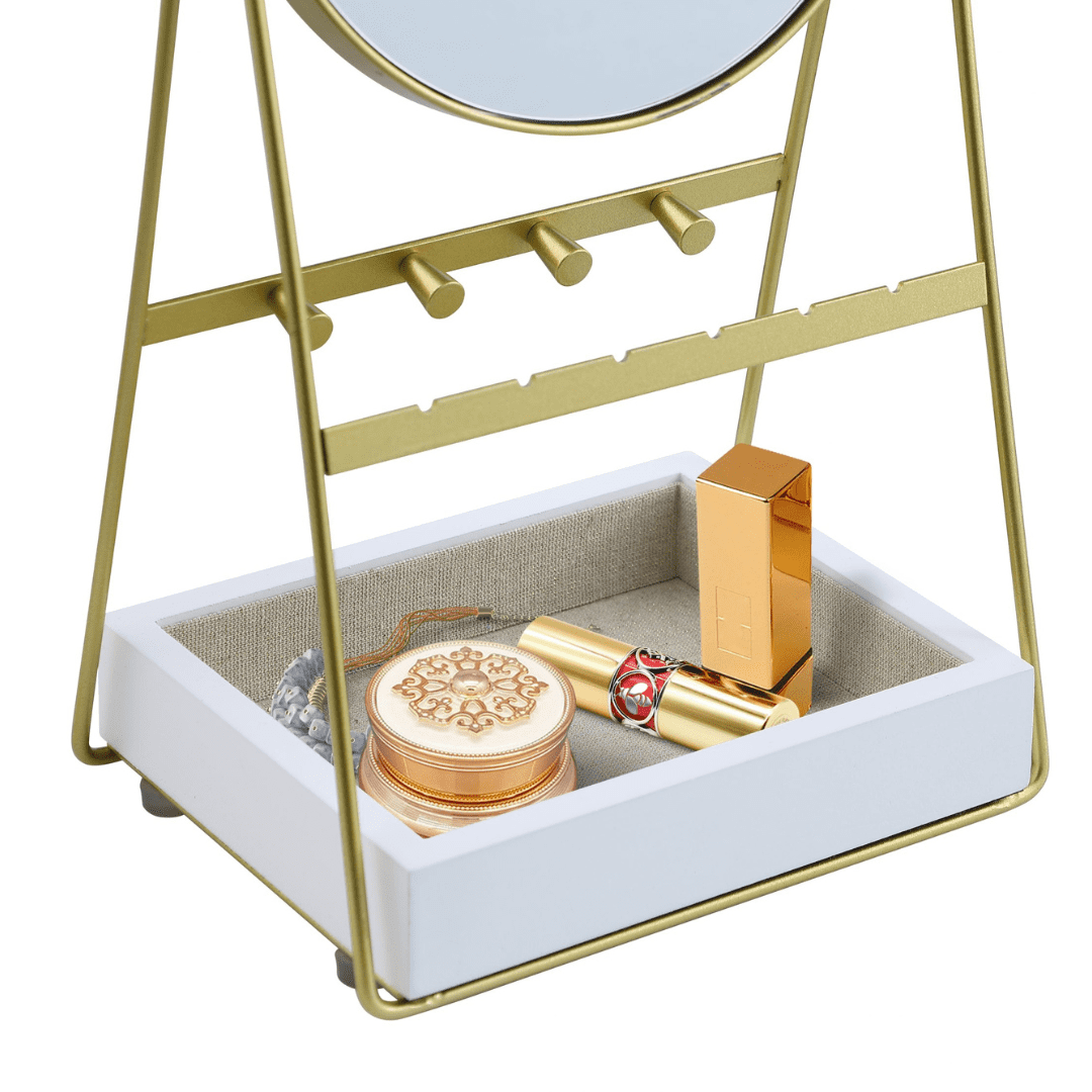 Hives and Honey Lina Adult Gold Round Mirror with Jewelry Storage - White