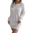 thumbnail image 2 of Women's Sweater Dress Knit Dress Cold Shoulder Hollow Out Collar Long Sleeve Pullover Winter Dress for Casual,White,L, 2 of 9