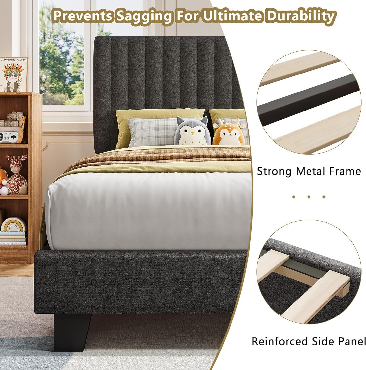 Honfach Twin Size Bed Frame, Upholstered Platform Bed with Velvet Headboard, Wide Bed Legs and Strong Wood Slats Support,Dark Grey