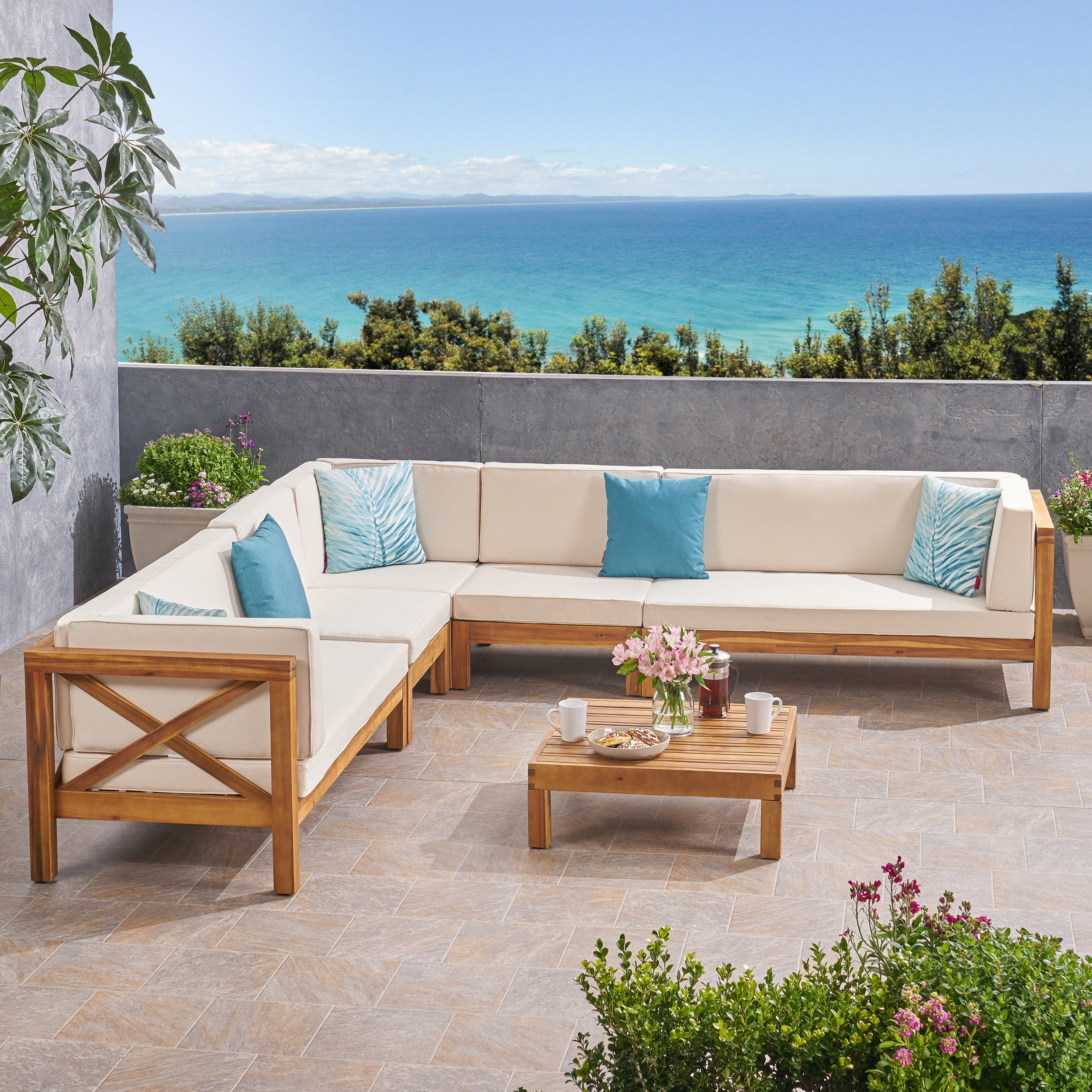 Elisha Outdoor 7 Seater Acacia Wood Sectional Sofa Set, Teak and Beige - Walmart.com