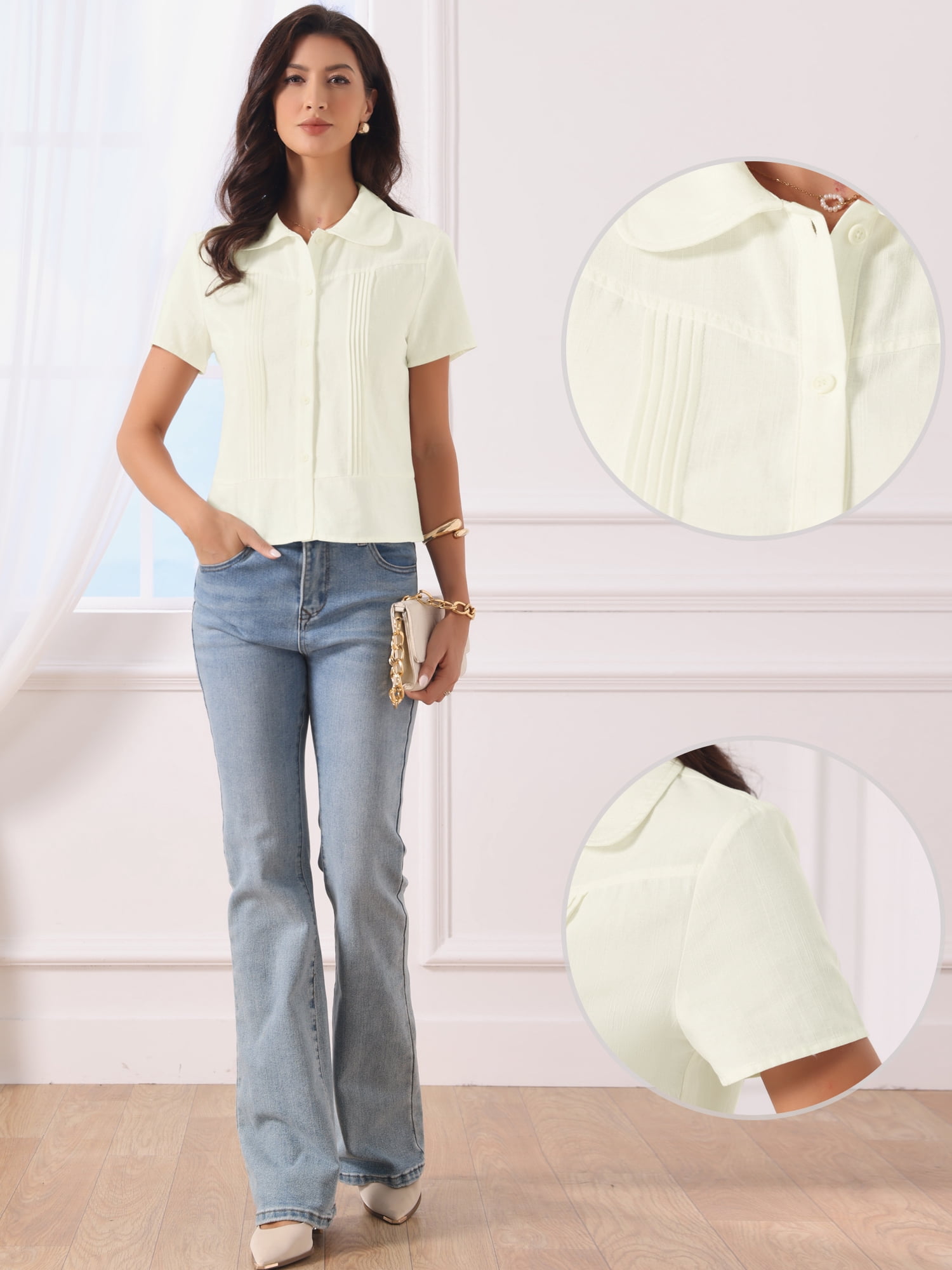 DARING DIVA Women's Button Down Shirt Short Sleeve Collared Neck Work Tops M Beige