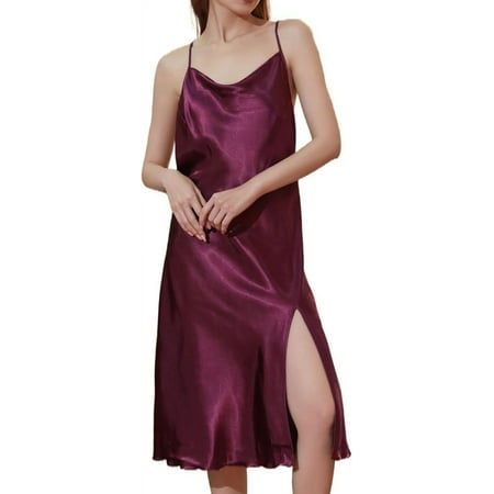 NANAHuang Women s Satin Nightgown Midi Chemise Square Neck Sleeveless Side Slit Open Back Sleepwear Lingerie