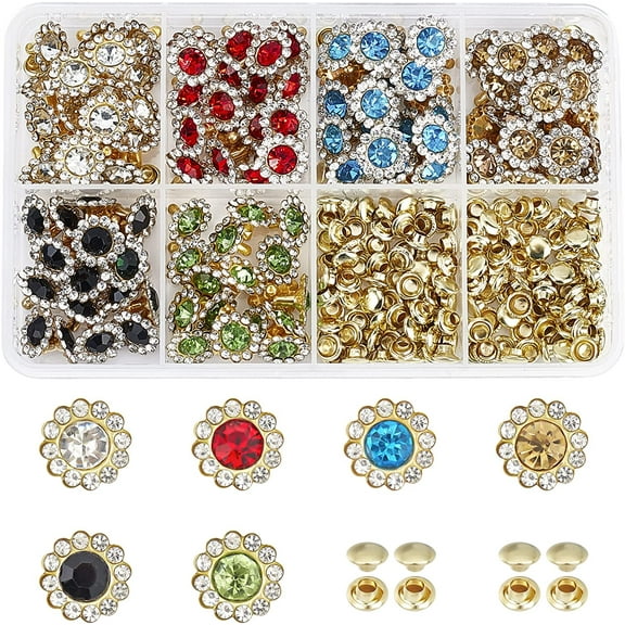 120 Sets Rhinestone Rivets Studs 11mm 6 Colors Sun Flower Rivets Mixed Colors Leather Rivets Studs Buttons Diamond Spikes Nailhead Studs for Leather Craft Shoes Belts Repair Decoration for DIY