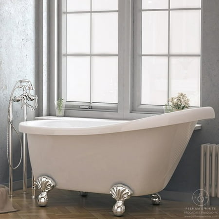 Pelham White Luxury 60 Inch Clawfoot Bathtub With Vintage Slipper Tub Design In White Includes Polished Chrome Ball And Claw Feet And Drain From