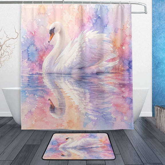 TTYFWHD 60" x 72" Shower Curtain and Bath Mat Set Dreamy Pastel Swan Pattern Waterproof Bathroom Curtain with 12 Hooks, Bathroom Decor Set
