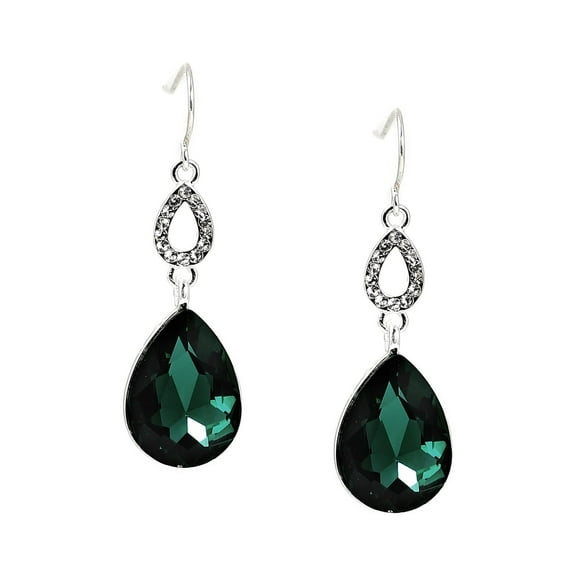 Silver Crystal Rhinestone in Teardrop Shape with Large Emerald Green Teardrop Dangle Stone Earrings