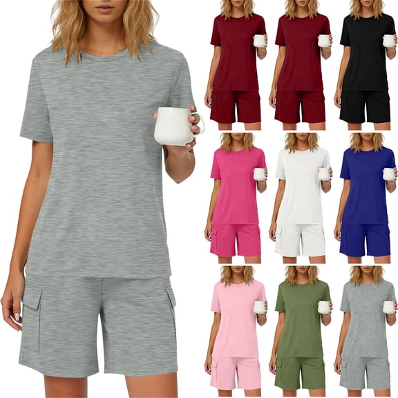 Cute Pajama Sets for Women Women's Fashion Casual Solid Color Short Sleeve Crew Neck Top With Pocket Shorts Sports Loungewear Pajama Set Gray M