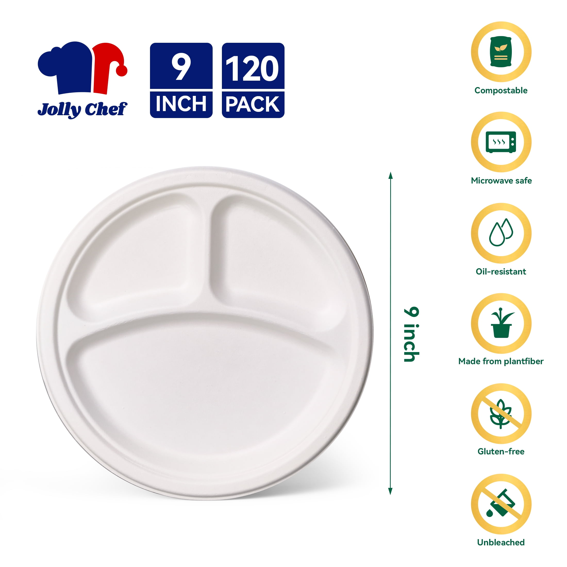 JOLLY CHEF 120 Pack Compostable 3 Compartment Plates, Heavy-Duty Disposable Biodegradable Paper Plates, 9 inch Eco-Friendly Sugarcane Bagasse Divided Plates for Dinner