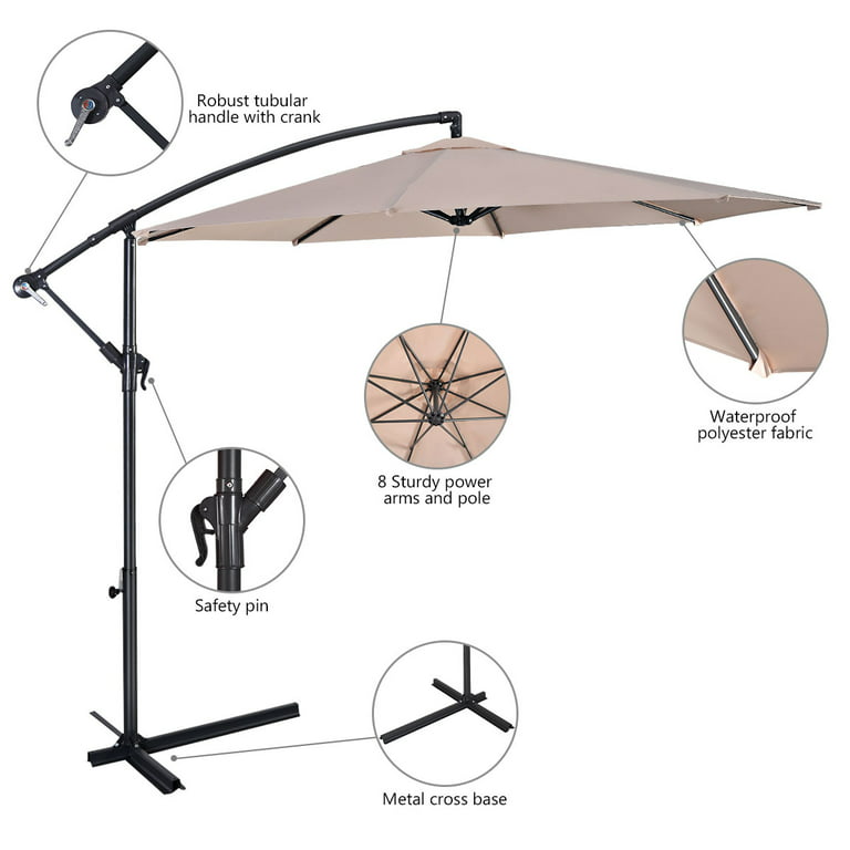 Costway 10' Hanging Umbrella Patio Sun Shade Offset Outdoor Market W/T Cross Base (Beige)