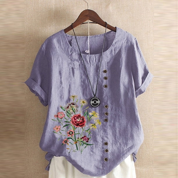 Camisas de lino Bouanq para mujer, blusa bordada de algodón y lino, manga corta, estilo bohemio mexicano, camiseta informal