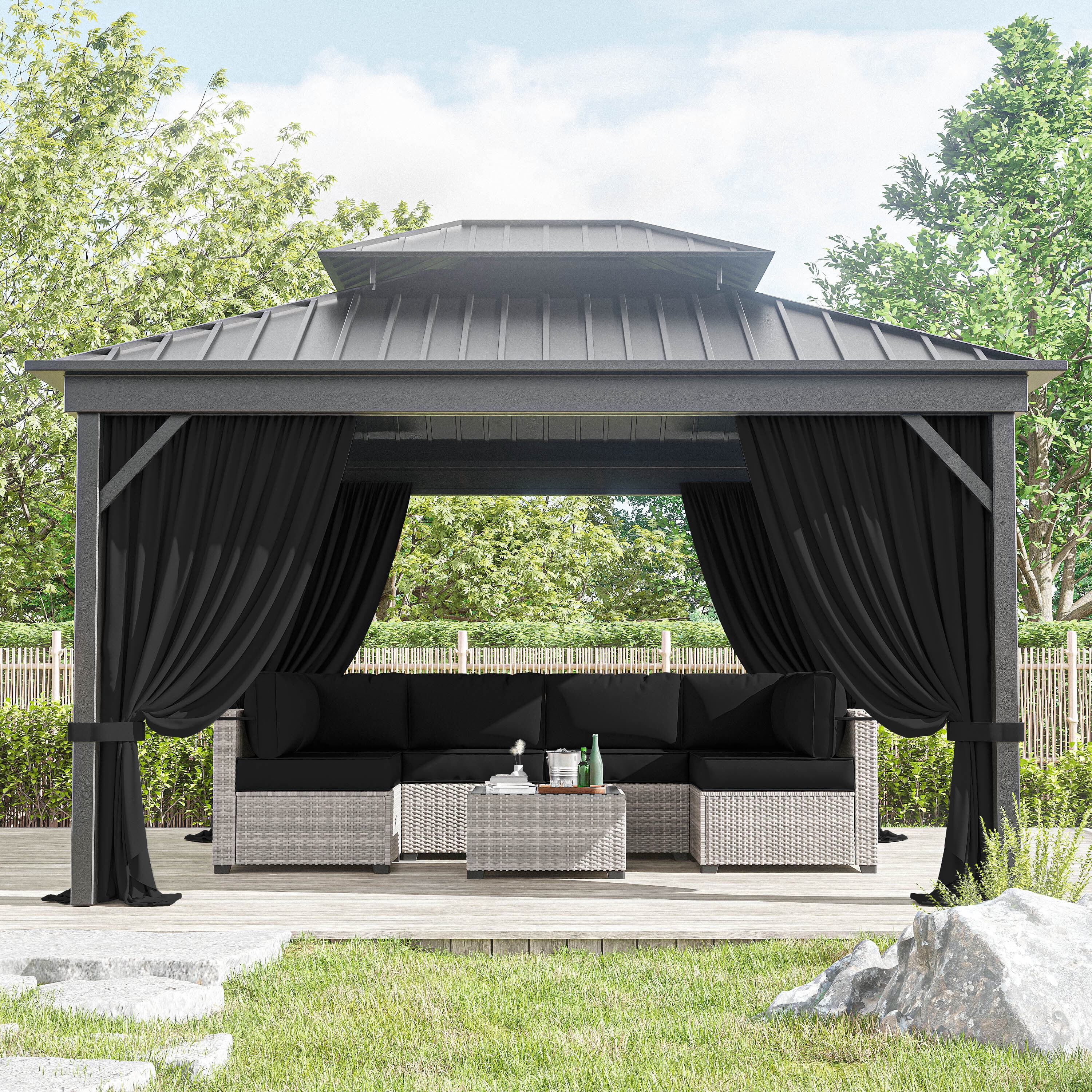 Kimunuk Outdoor Replacement Curtains for 12' X 12' Gazebo, Waterproof 4-Panels Black Gazebo Universal Privacy Sidewall Curtains with Zipper for Patio Garden Backyard, Curtain Only