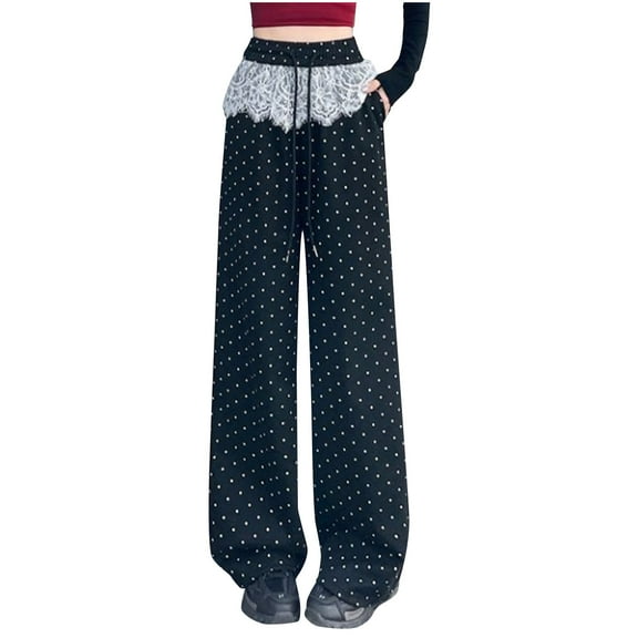 HomeGardon Pants for Women Women's Lace Lace Polka High Waisted Loose Straight Leg Casual Pants,S-XXXL