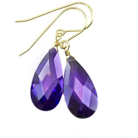 14k Gold Filled CZ Earrings Purple Lavender Simulated Tanzanite in Cubic Zirconia Faceted Teardrops Designed for Adult Women