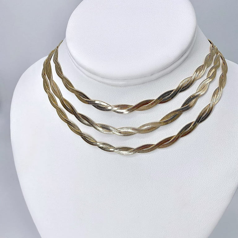 Dainty Gold Necklace for Women, 14K Gold Plated Herringbone Necklaces for Women Trendy Simple Rope Wave Bead Cuban Link Snake Chain Necklace Gold