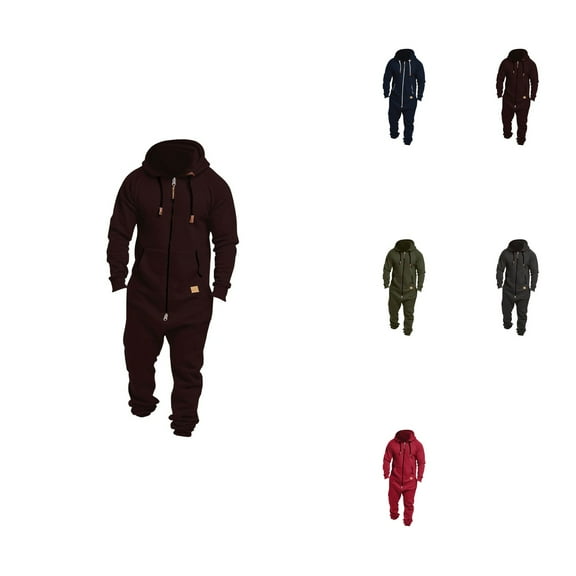 Men's Fleece Lined Hooded Jumpsuit, Insulated Zip Up, Pure Color Splicing, Casual One Piece Pajamas, Autumn Winter
