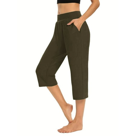 Husipze Capri Pants for Women Summer Solid Color Elastic Waist Cropped Pants Casual Loose Stretchy Sweatpants with Pockets Army Green L