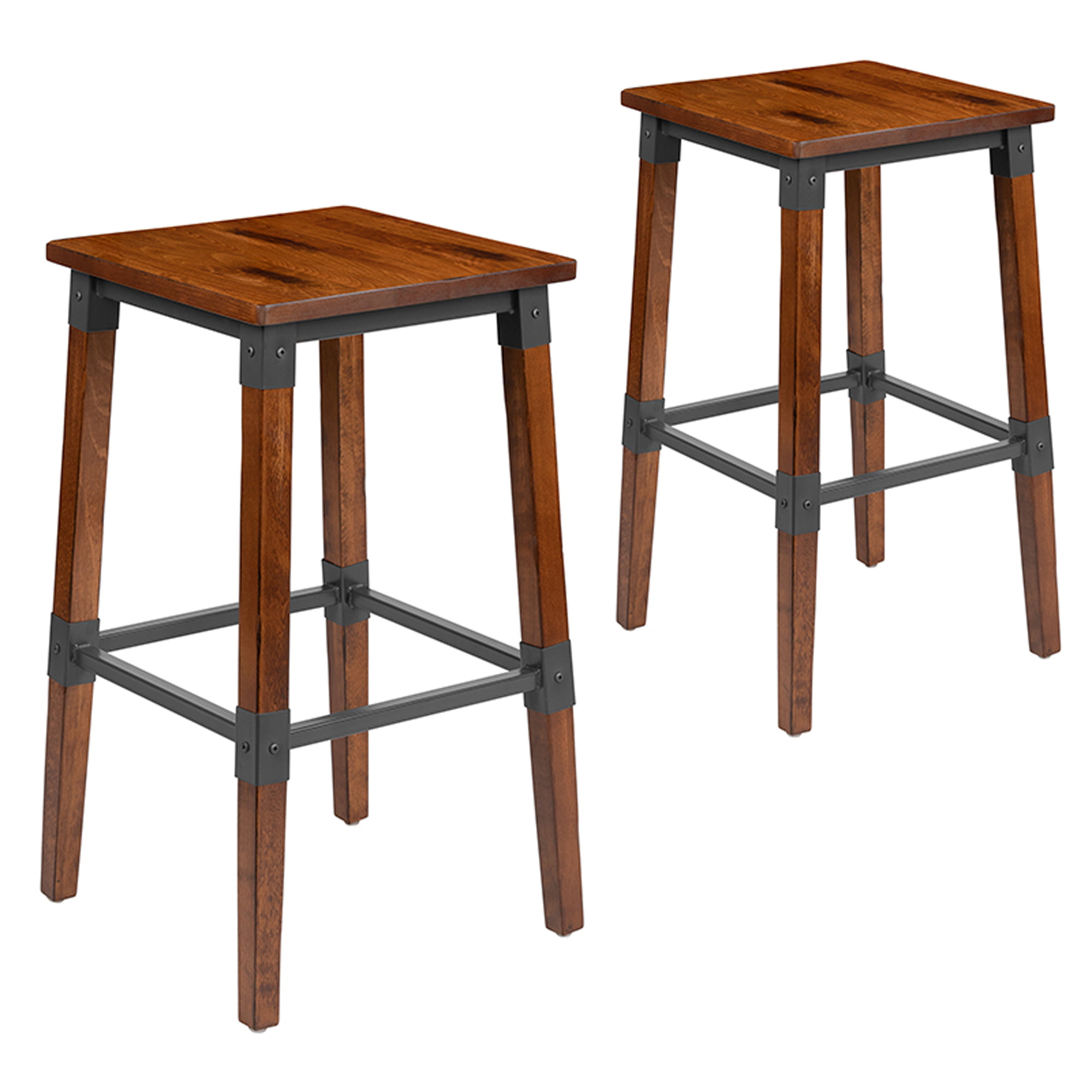 2XU Durable 2 Pack Rustic Antique Walnut Industrial Wood Dining Backless Barstool 