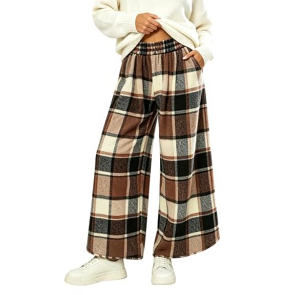 Women's Plaid Pajama Pants, Elastic Waist Straight Leg Lounge Sweatpants, Warm Cozy Winter Sleepwear Trousers with Pocket Light Brown L