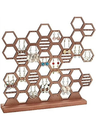 Small Hexagon Earring Stand Wood and Metal Jewelry Holder