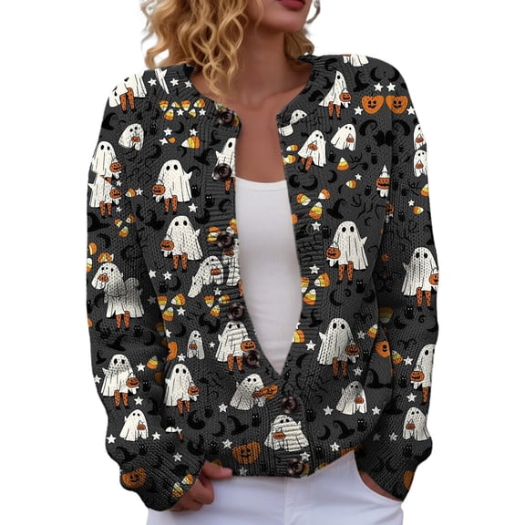 Evdexr Halloween Sweaters Women Witch Ghost Graphic Cardigans Funny Knit Button Down Long Sleeve Jackets Open Front Oversized Cardigan Sweaters XL