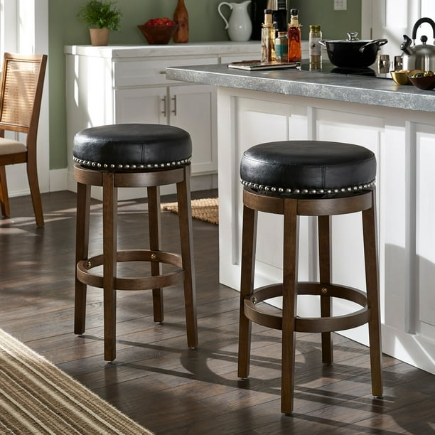Weston Home Cooper Faux Leather Backless Swivel Bar Height Stools, Set of 2, Black/Brown Finish 