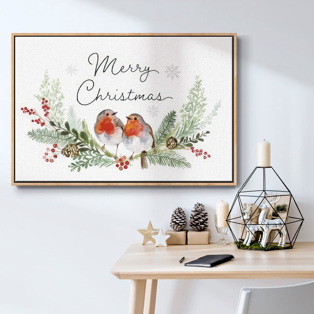 Winter Visitor Collection A - Framed Gallery Wrapped Holiday Canvas - 27 x 41 - Natural Wood Frame