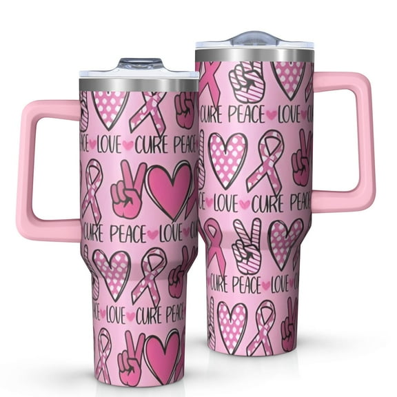 Pink Breast Cancer and Love Tumbler with Handle and Lid,40oz Double Wall Vacuum Insulated Tumbler,Cups Gift for Women and Men