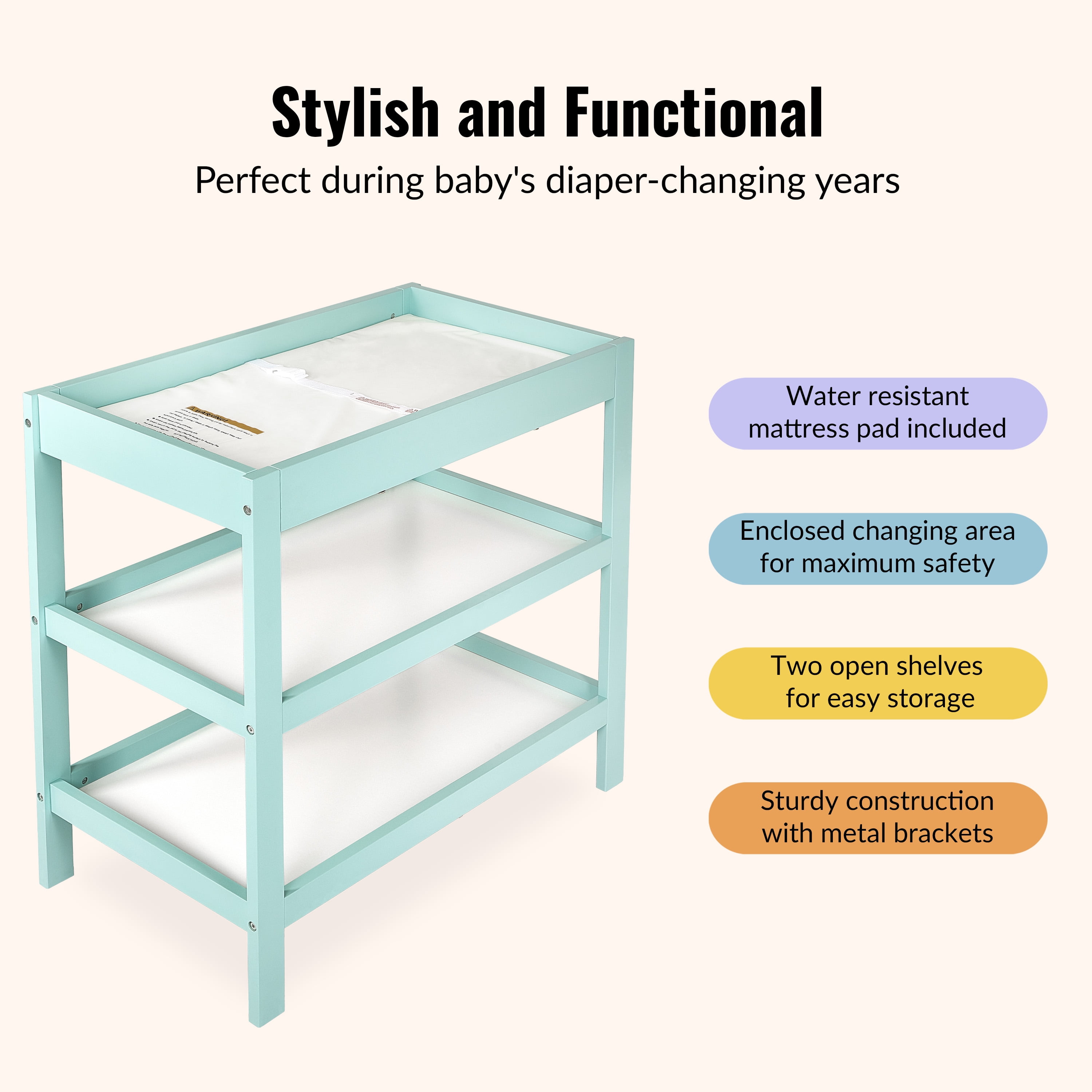 Dream On Me Ridgefield 2 Shelf Changing Table, New Zealand Pinewood, Mint and White