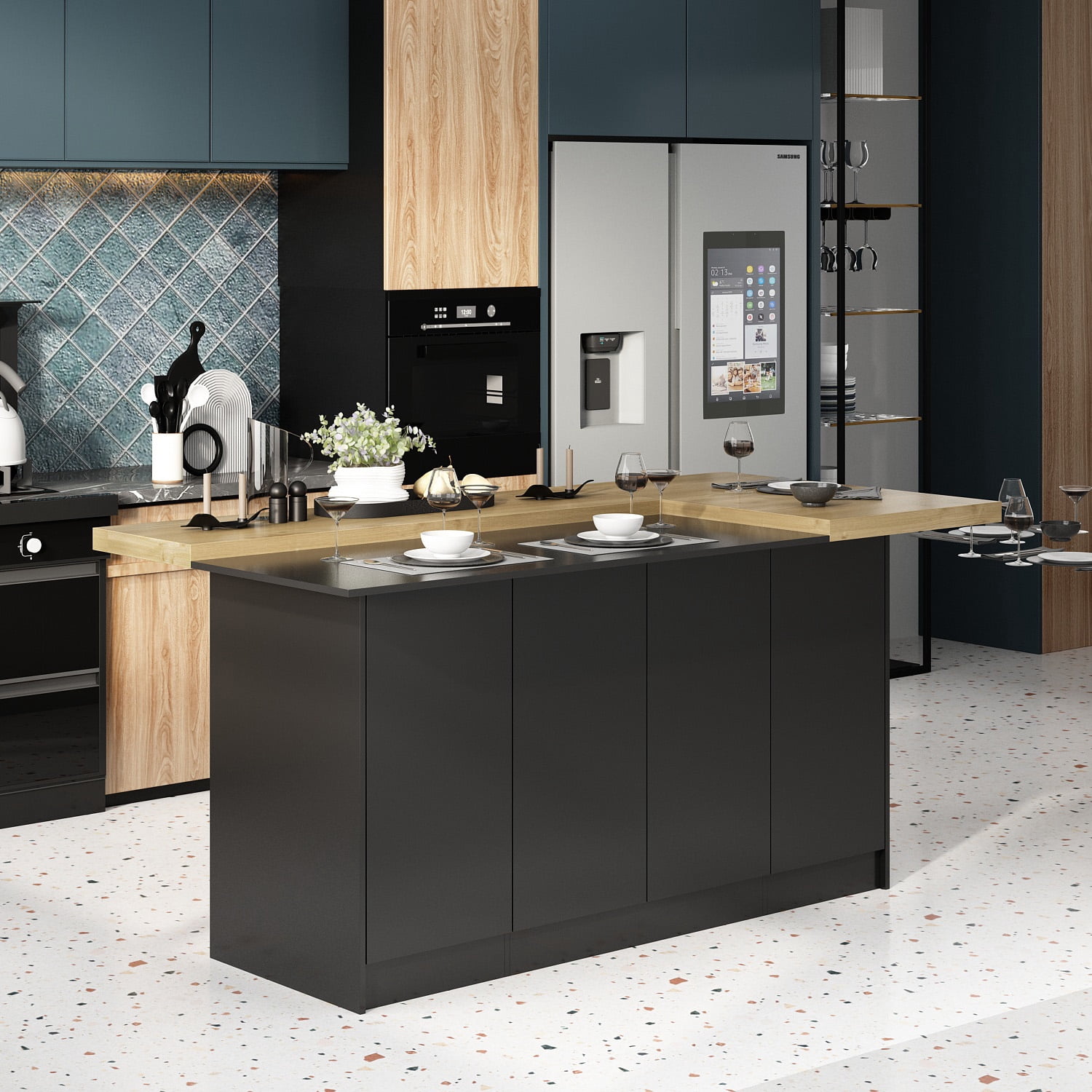 KULAGAGA Kitchen Island with Shelves & 6 Doors, Large L-Shape Wood Top Buffet Cabinet, Dining Table with Storage for 4-6 People, Black & Brown