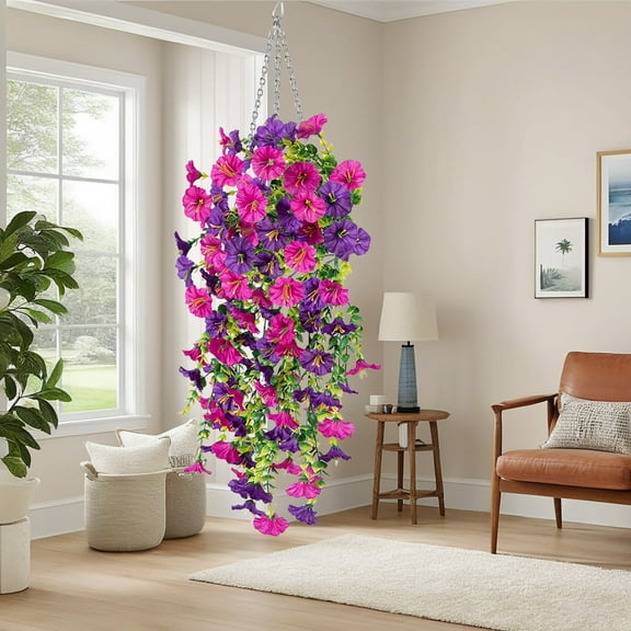 Hanging Morning Glory, Artificial Hanging Flowers, UV Resistant Fake Plastic Faux Hanging Plants Morning Glory Vines for Indoor Outdoor Garden Porch Eave Wedding Wall Décor