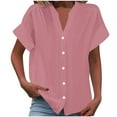 thumbnail image 2 of EWASWON Women's Short-Sleeve V-Neck Button-Up Blouse – Stretchy Polyester-Spandex Casual Shirt for Summer, Parties & Work (S-XXL),Pink,XL, 2 of 6