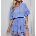 thumbnail image 4 of Vestido con volantes para mujer, adorno con volantes, Color puro, cuello en V, corbata, vestido corto elegante de moda para primavera y verano, 4 of 8
