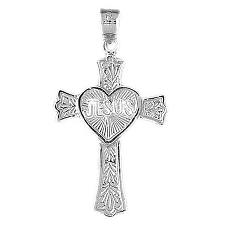 14K White Gold Heart with Jesus Budded Cross Pendant - 37 mm