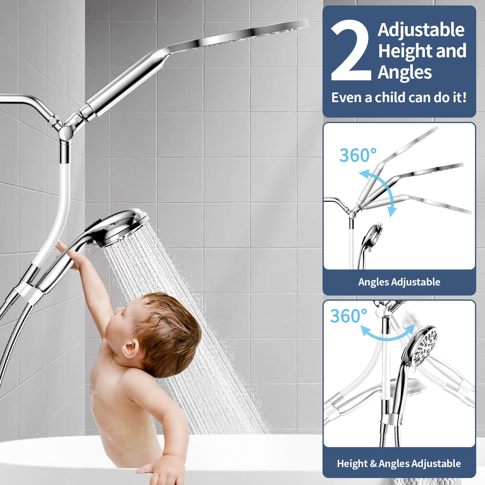 KAIYING Dual Shower Heads with Handheld Spray, 9-Mode High-Pressure Rainfall Shower, 79-Inch Hose, Chrome