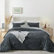 SPRINDAY Fluffy Queen Comforter Set 3 Pieces - Dark Gary Fleece Luxury Fuzzy Reversible Bedding Comforter Set, Soft & Warm Comforter All Season with 2 Pillow Cases