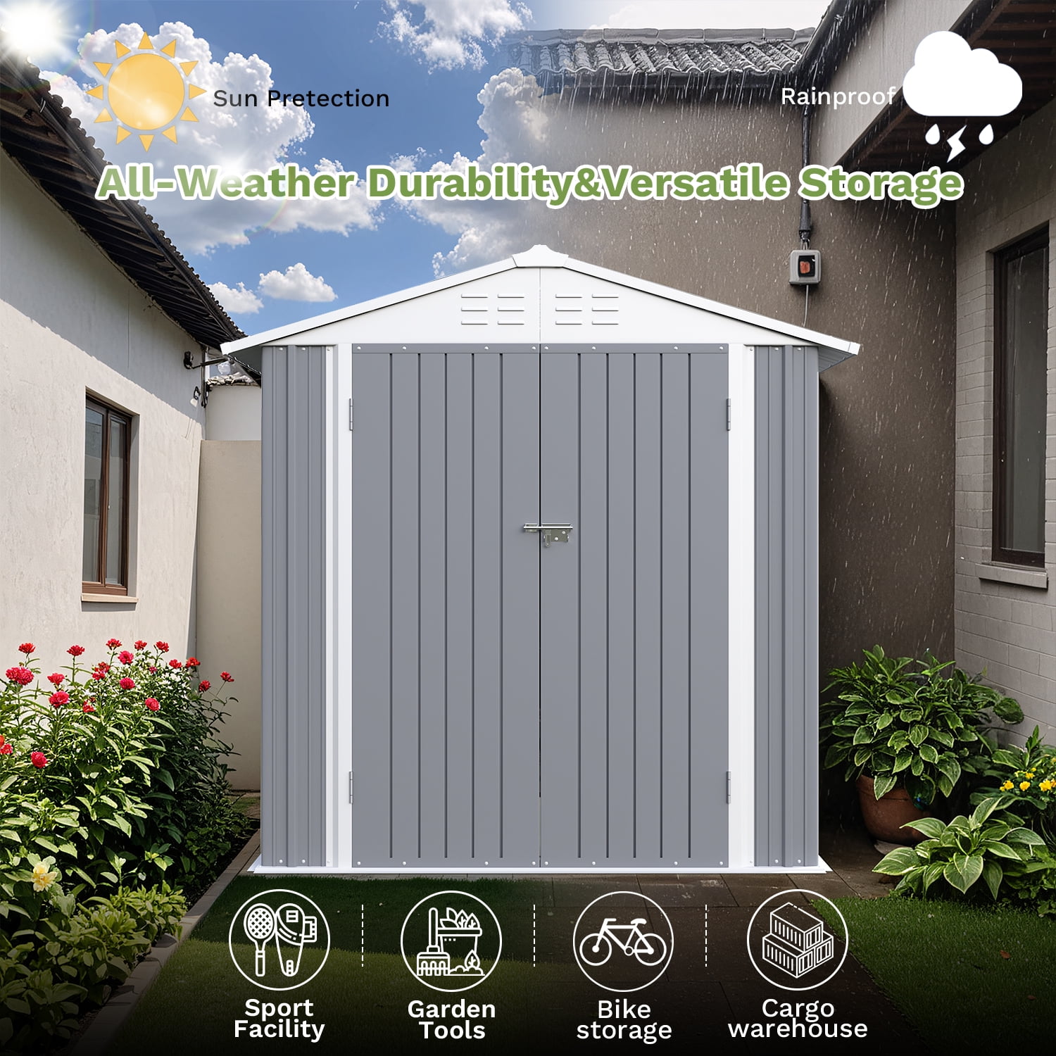 Homall 6' x 4' Mental Outdoor Storage Shed with Sloping Roof and Lockable Door, for Backyard & Garden, Gray