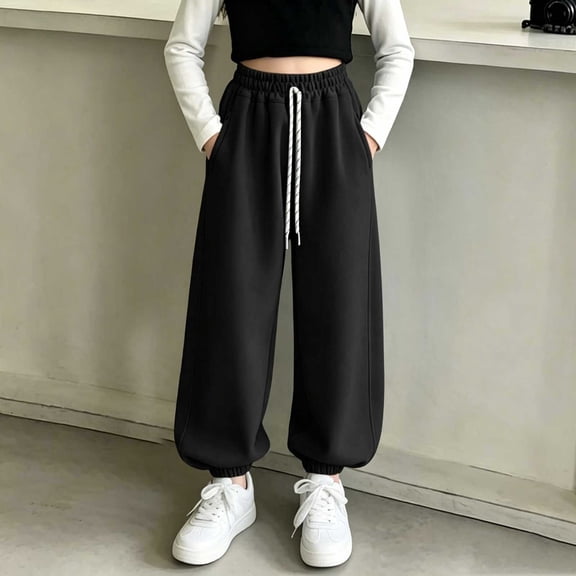 Spazoro Girls Jogger Sweatpants with Pockets, Baggy Solid Color Elastic Drawstring Waist Fall Winter Casual Harem Pants for Little Big Kids Black Size 9-10