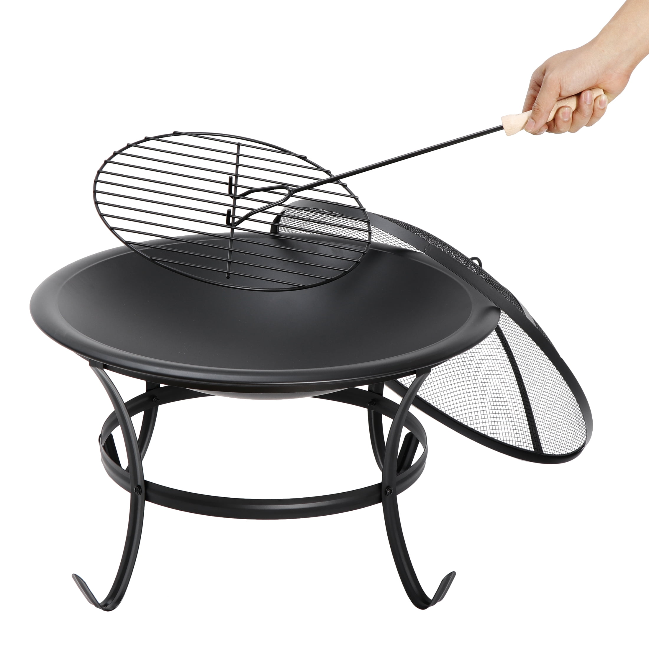 HomGarden 22’’ Portable Patio Wood Burning Fire Pit Bowl W/ Lid, Poker, BBQ Grill  Black