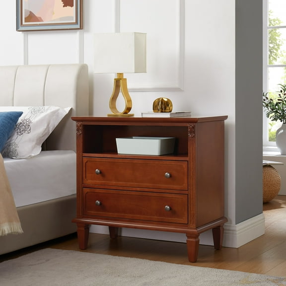 Lisonu Farmhouse Nightstand with Charging Station, 2-Drawer End Table with USB Ports & Outlets, Bedroom Side Table with Open Storage Space, Fluted Design with Solid Wood Legs, Walnut