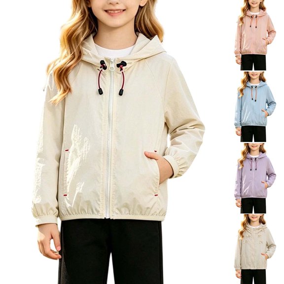 Girls' Sun Protection Jackets Lightweight Comfy Casual Fashion Outwear Hooded Full Zip Coat With Pockets (14-15 Years, Beige)