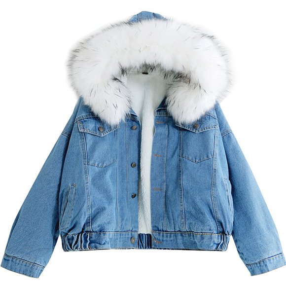 Jean Jacket Coats Women Warm Short Coat Collar Jacket Slim Winter Hooded Outwear Denim Tops S-154 White M