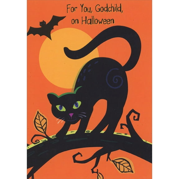 Designer Greetings Black Cat with Arched Back on Tree Limb Against Orange Sky Halloween Card for Young Godchild