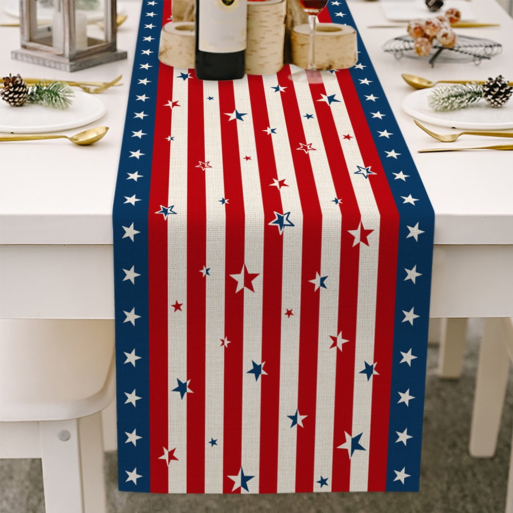 Amsper Patriotic Table Runners 4th of July Party Holiday Event Decoration Burlap Table Runners Perfect for Everyday Use 13x120“