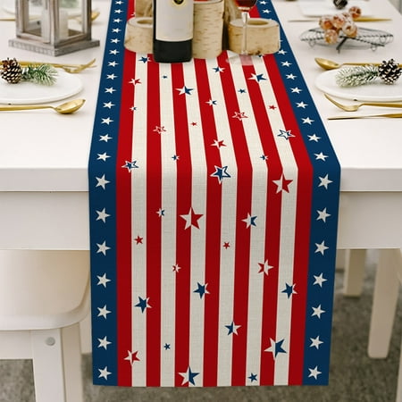 

4th July Table Runner Decorations For Party Patriotic American Flag and Watercolor Strips And Stars Table Runner For Memorial Independence Day Decorations 13*70inch